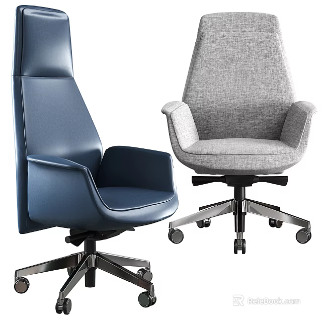 Comfortable Blue Leather and Gray Fabric Office Chairs with Swivel Design and Rolling Wheels 3d model 