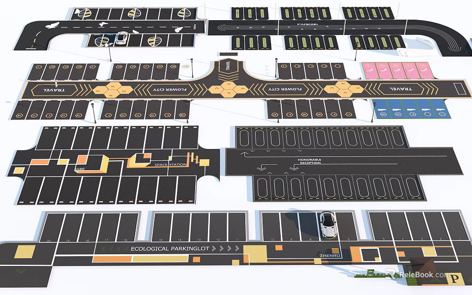 Parking Lot Design With Multiple Layouts Colored Zones Parking Spaces And Traffic Signs 3d model 
