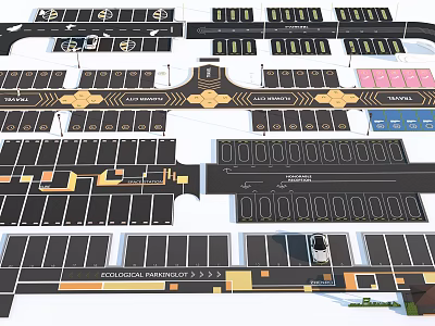 Parking Lot Design With Multiple Layouts Colored Zones Parking Spaces And Traffic Signs 3d model