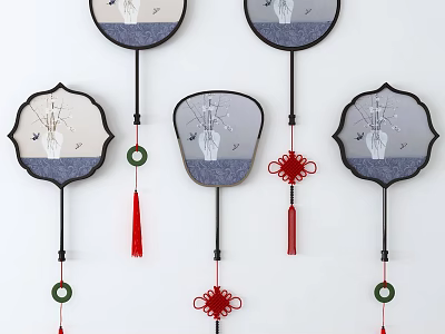 Traditional Chinese Decorative Wall Hanging With Fan Shaped Floral Vase Pattern And Red Tassels 3d model