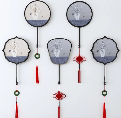 Traditional Chinese Decorative Wall Hanging With Fan Shaped Floral Vase Pattern And Red Tassels 3d model