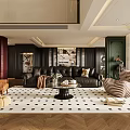 Modern Duplex Living Room Interior With Checkered Rug Round Coffee Table And Leather Sofa