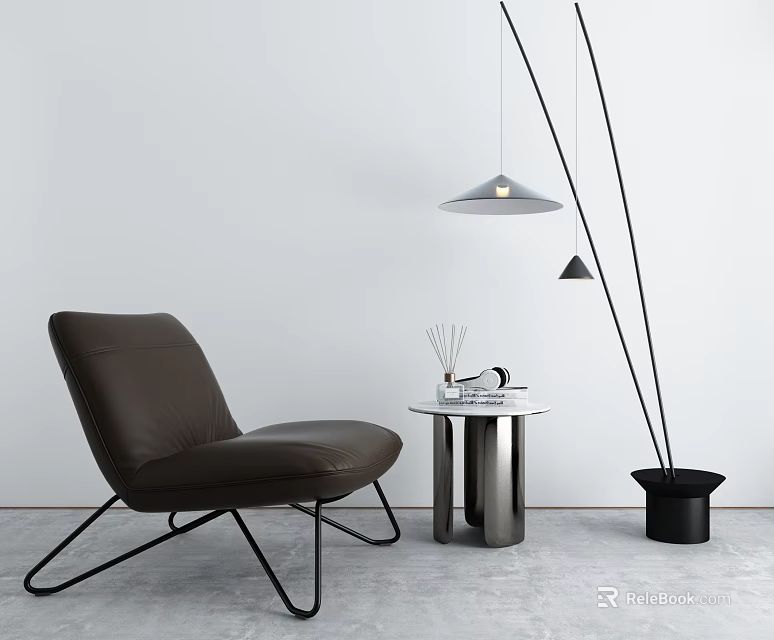 Brown Leather Single Sofa With Round Side Table Floor Lamp White Wall And Gray Floor 3d model 