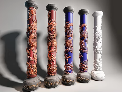 Colorful Dragon Carved Decorative Columns In Red Blue And White Tones 3d model