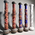 Colorful Dragon Carved Decorative Columns In Red Blue And White Tones
