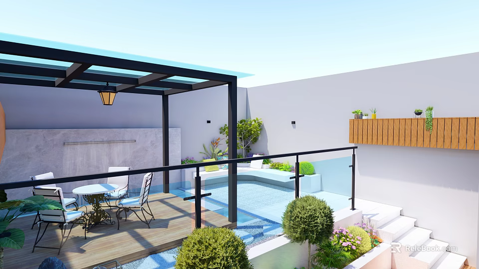 Courtyard Garden Design With Glass Roof Wooden Deck Dining Set Swimming Pool And Green Plants 3d model 