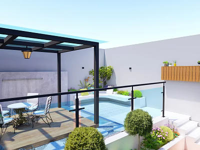 Courtyard Garden Design With Glass Roof Wooden Deck Dining Set Swimming Pool And Green Plants 3d model