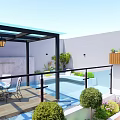 Courtyard Garden Design With Glass Roof Wooden Deck Dining Set Swimming Pool And Green Plants