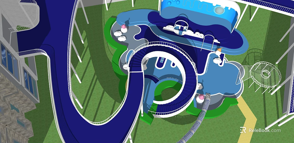 Kids Play Area With Blue Slides Water Elements Green Lawn And Interactive Structures 3d model 