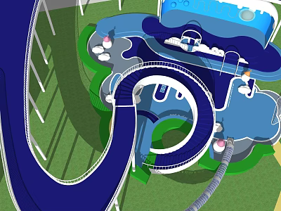 Kids Play Area With Blue Slides Water Elements Green Lawn And Interactive Structures 3d model