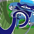 Kids Play Area With Blue Slides Water Elements Green Lawn And Interactive Structures