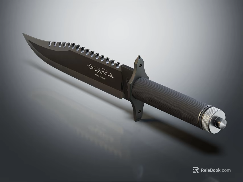 Tactical Survival Knife With Serrated Blade Black Textured Handle And Metal Pommel 3d model 