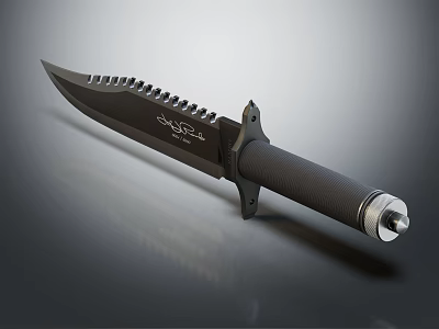 Tactical Survival Knife With Serrated Blade Black Textured Handle And Metal Pommel 3d model