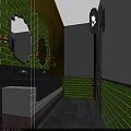 Public Restroom Interior With Green Brick Walls Double Mirrors And Black Countertop