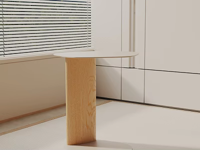 Modern Wooden Side Table With Round Top In Interior Featuring White Cabinets And Blinds 3d model