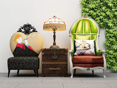 Cozy Leisure Sofa Set With Zebra Print Accent Chairs Wooden Chest Table Lamp And Green Plant 3d model