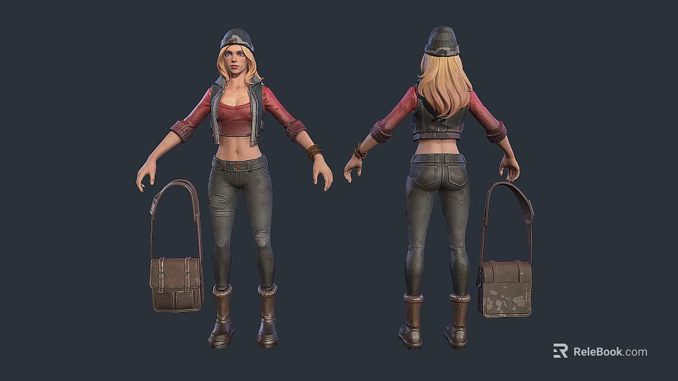 Woman In Red Top Black Vest Jeans With Hat Brown Bag And Boots 3d model 
