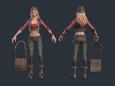 Woman In Red Top Black Vest Jeans With Hat Brown Bag And Boots 3d model