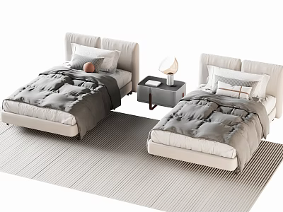 Modern Single Beds With Beige Headboards Gray Bedspreads And Nightstand Lamp On Striped Rug 3d model