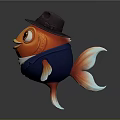 Orange Goldfish Wearing Brown Hat And Blue Suit With White Collar