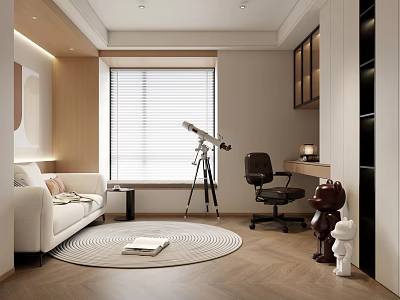 Modern Study Room Interior With Sofa Telescope Desk And Rug 3d model
