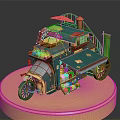 Vintage Green Mobile Food Truck with Roof Plants Stairs and Flower Display on Gold Platform