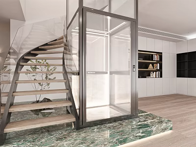 Modern Interior Design With Glass Elevator Spiral Staircase Marble Floor And Bookshelves 3d model