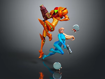 Blue Clad Character and Orange Mechanical Creature in Dynamic Jumping Pose With Circular Shields 3d model