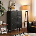 Modern Living Room Interior Featuring Black Cabinet Wooden Floor Lamp Green Plant And Leather Sofa