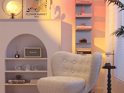 Plush Button Tufted Single Sofa In Cozy Modern Interior With Arched Shelf And Decorative Art 3d model