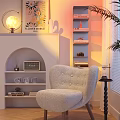 Plush Button Tufted Single Sofa In Cozy Modern Interior With Arched Shelf And Decorative Art