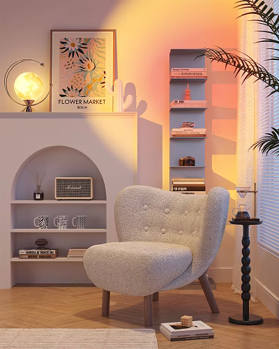 Plush Button Tufted Single Sofa In Cozy Modern Interior With Arched Shelf And Decorative Art 3d model