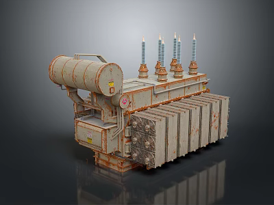 Rusty Power Transformer With Cooling Fins Bushings And Metal Tank 3d model