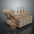 Rusty Power Transformer With Cooling Fins Bushings And Metal Tank