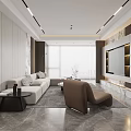 Modern Living Dining Area With Light Beige Sofa Brown Armchair And Marble Accent Wall