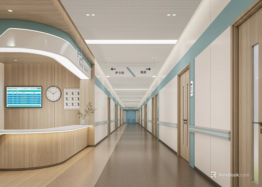 Hospital Elevator Corridor Interior With Nurse Station And Ceiling Lights 3d model