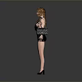 Woman In Black Sleeveless Dress With Handbag Standing Against Gray Background
