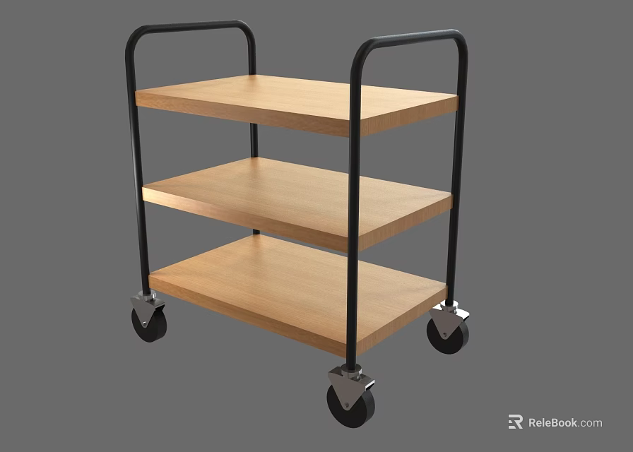 Three Tier Rolling Cart With Wooden Shelves And Black Metal Frame 3d model 