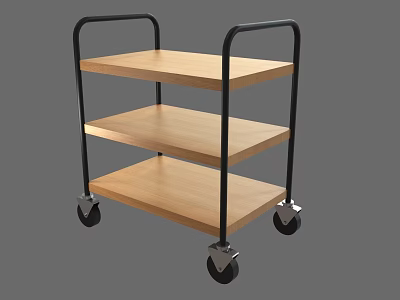 Three Tier Rolling Cart With Wooden Shelves And Black Metal Frame 3d model
