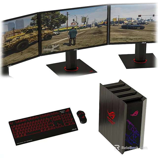 Ultimate Gaming Setup With Curved Multiple Monitors Displaying Game Scene PC Case Keyboard Mouse 3d model 