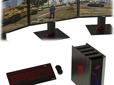 Ultimate Gaming Setup With Curved Multiple Monitors Displaying Game Scene PC Case Keyboard Mouse 3d model