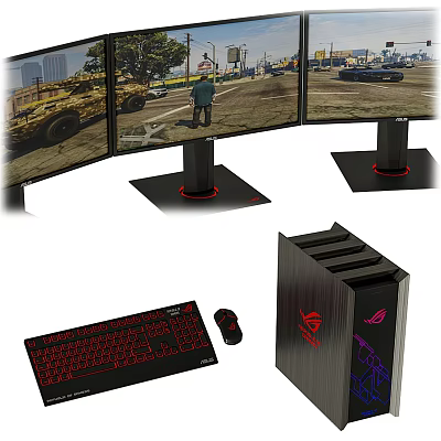 Ultimate Gaming Setup With Curved Multiple Monitors Displaying Game Scene PC Case Keyboard Mouse 3d model
