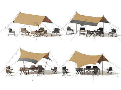 Outdoor Canopy Design Ideas With Brown Gray Fabric And Outdoor Chairs Tables 3d model