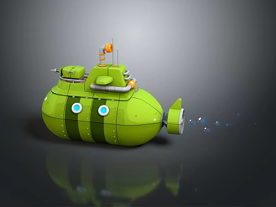 Cute Green Cartoon Submarine With Blue Eyes Stripes Orange Antenna And Bubbles From Tail 3d model