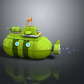 Cute Green Cartoon Submarine With Blue Eyes Stripes Orange Antenna And Bubbles From Tail