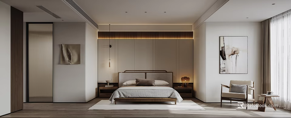 Modern Minimalist Bedroom Interior With Wooden Bedhead Wall Pendant Light Nightstand Rug And Artwork 3d model 