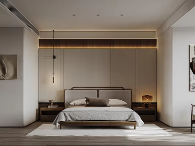 Modern Minimalist Bedroom Interior With Wooden Bedhead Wall Pendant Light Nightstand Rug And Artwork 3d model