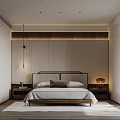 Modern Minimalist Bedroom Interior With Wooden Bedhead Wall Pendant Light Nightstand Rug And Artwork