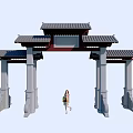 Traditional Chinese Pai Fang Archway With Stone Pillars Classic Roof And Person Walking Through
