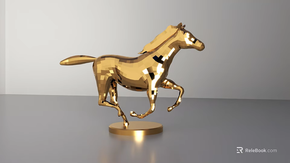 Golden Geometric Horse Sculpture with Dynamic Running Pose on Circular Shiny Base 3d model 